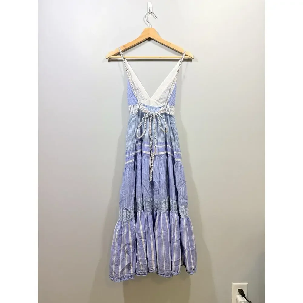 LE SUPERBE Blue White Striped V-Neck Tie Back Strappy Midi Sundress Women’s XS